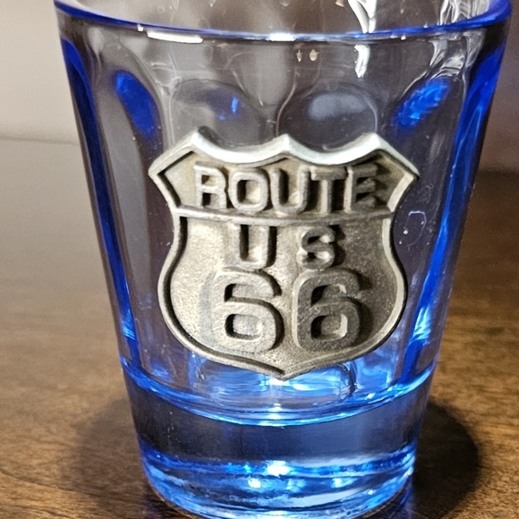 (1) Route 66 Blue Tinted Shot Glass w/ Pewter Emblem - Picture 2 of 9